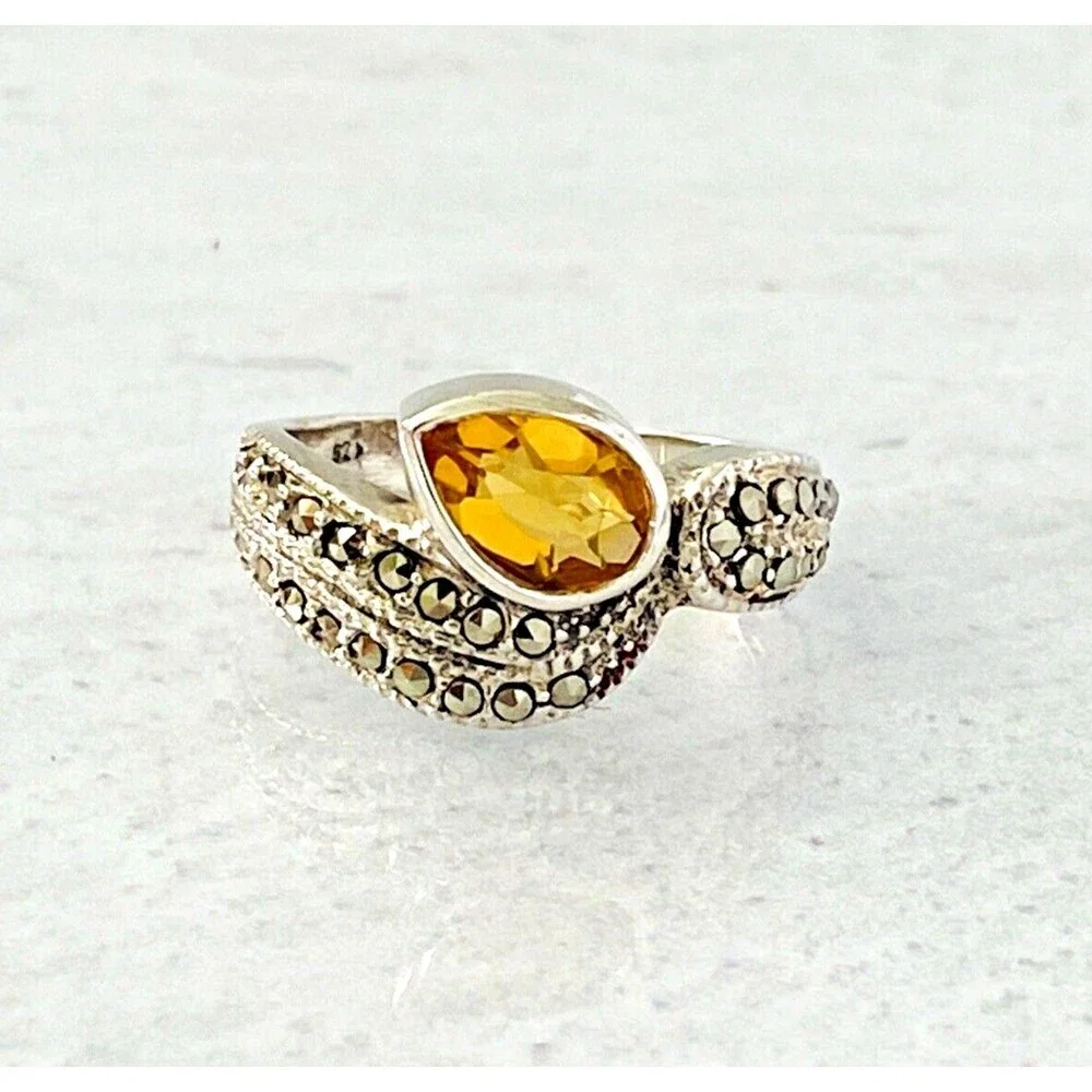 Vintage Marcasite Citrine Sterling Silver Ring Swirl Wave Pear Size 5.25